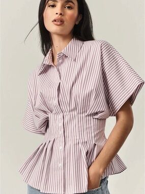 Anthropologie Exquise Tobie Pleated Blouse Purple Striped XS